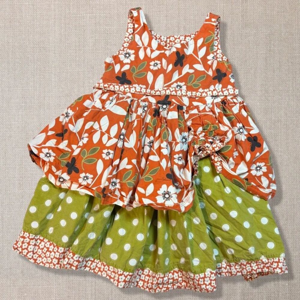 Jelly the Pug Girls 3T Orange Green Floral Tiered Twirl Dress Fall
